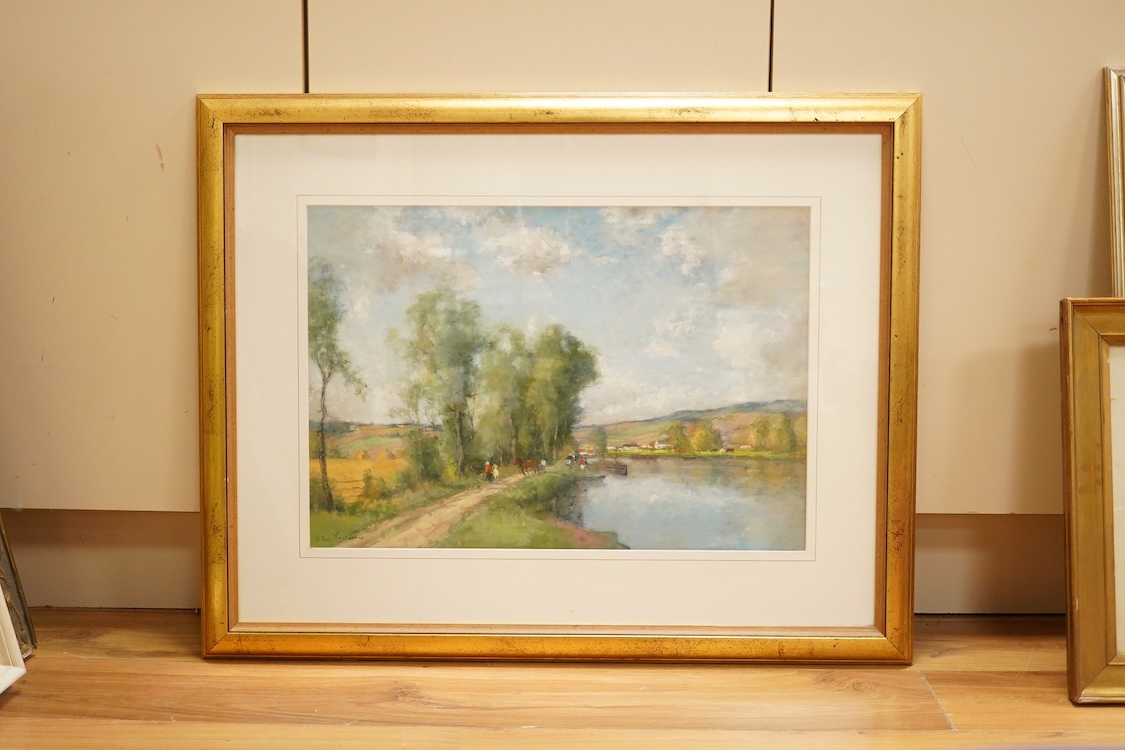 André des Fontaines (1869-1910), A river scene with figures, signed lower left, pastels, 36 x 53cm